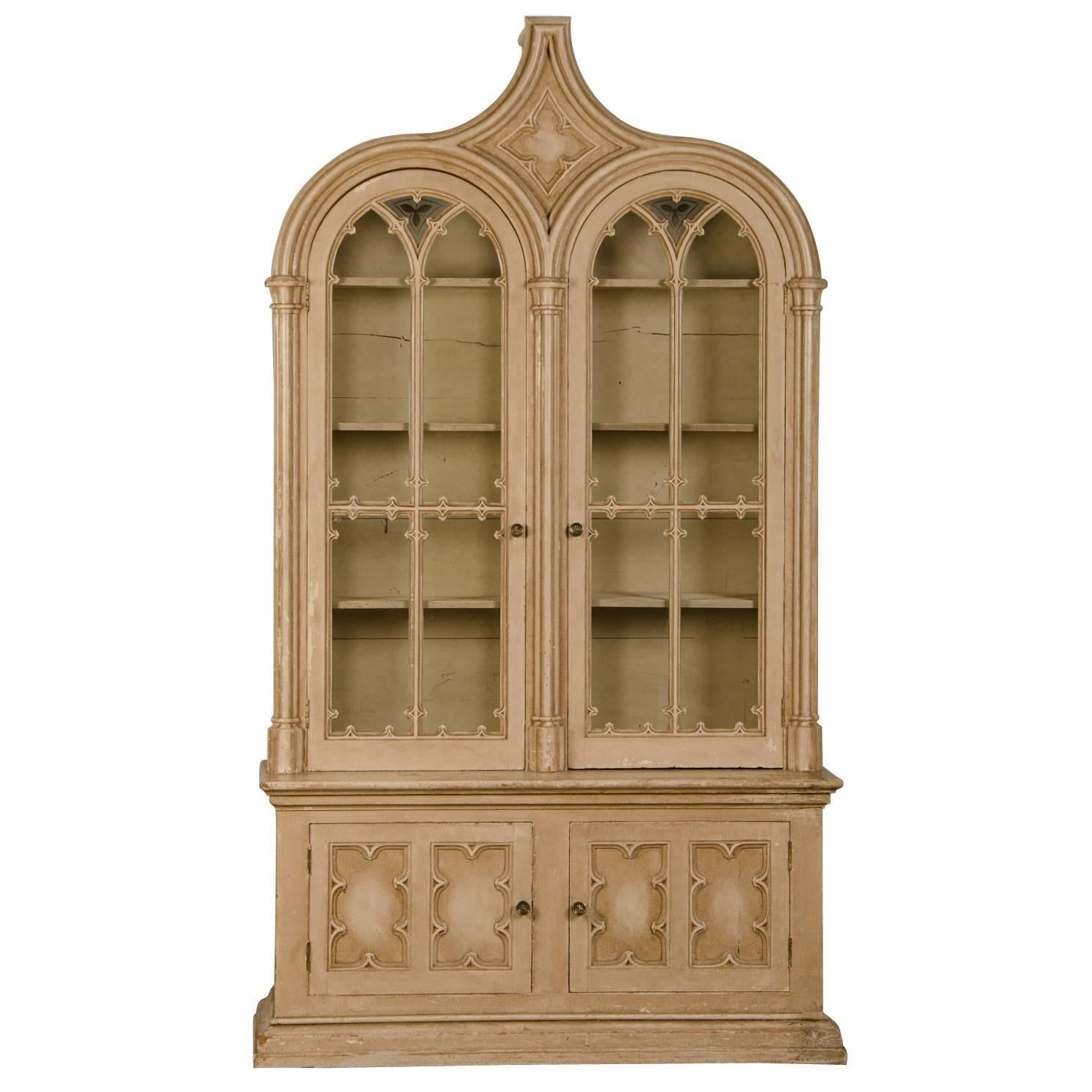 Antique English Gothic Revival Painted and Carved Cabinet of Grand Scale, 1840 For Sale