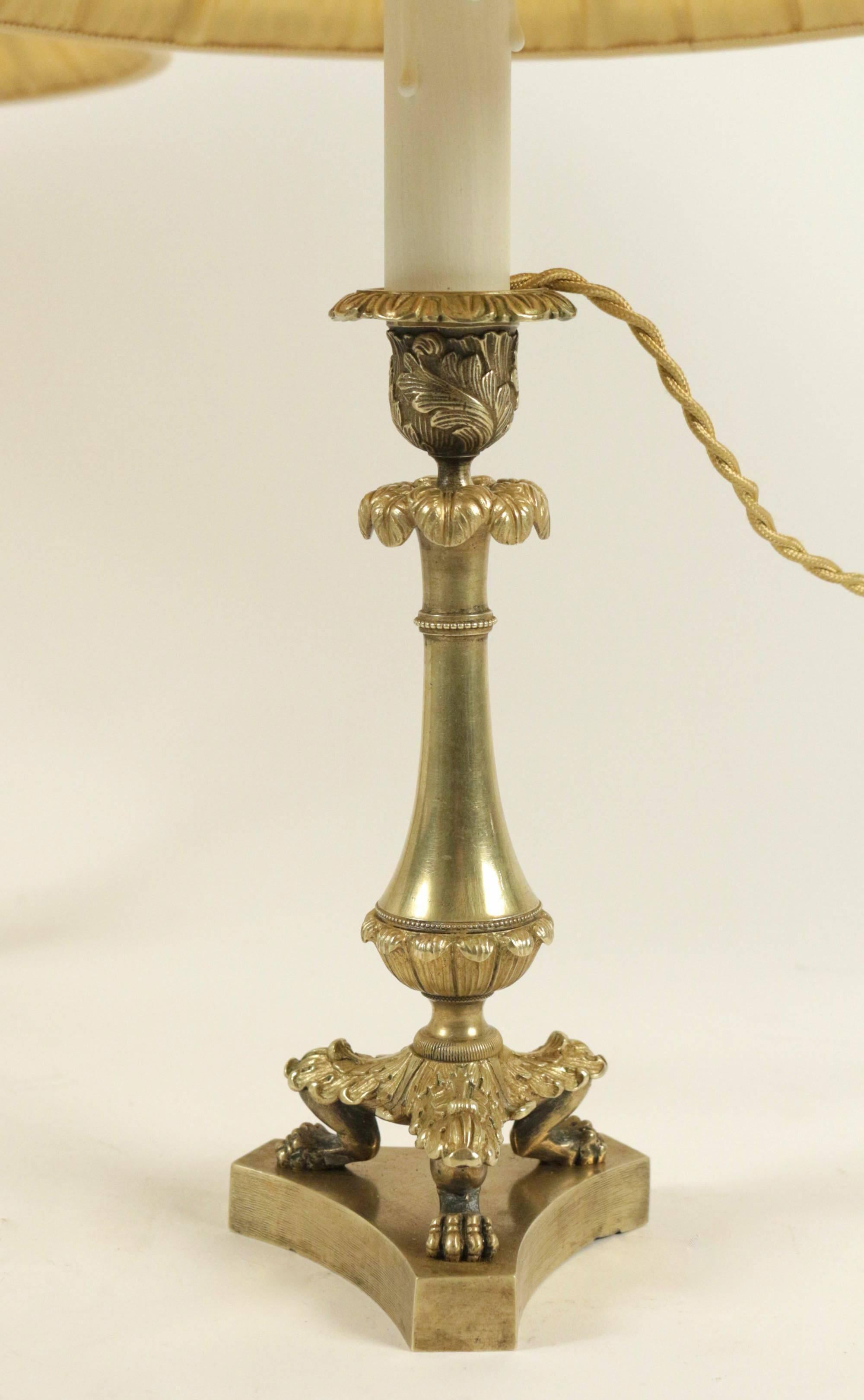 19th Century Pair of French Restauration Period Gilt-Bronze Candlestick Lamps, circa 1840