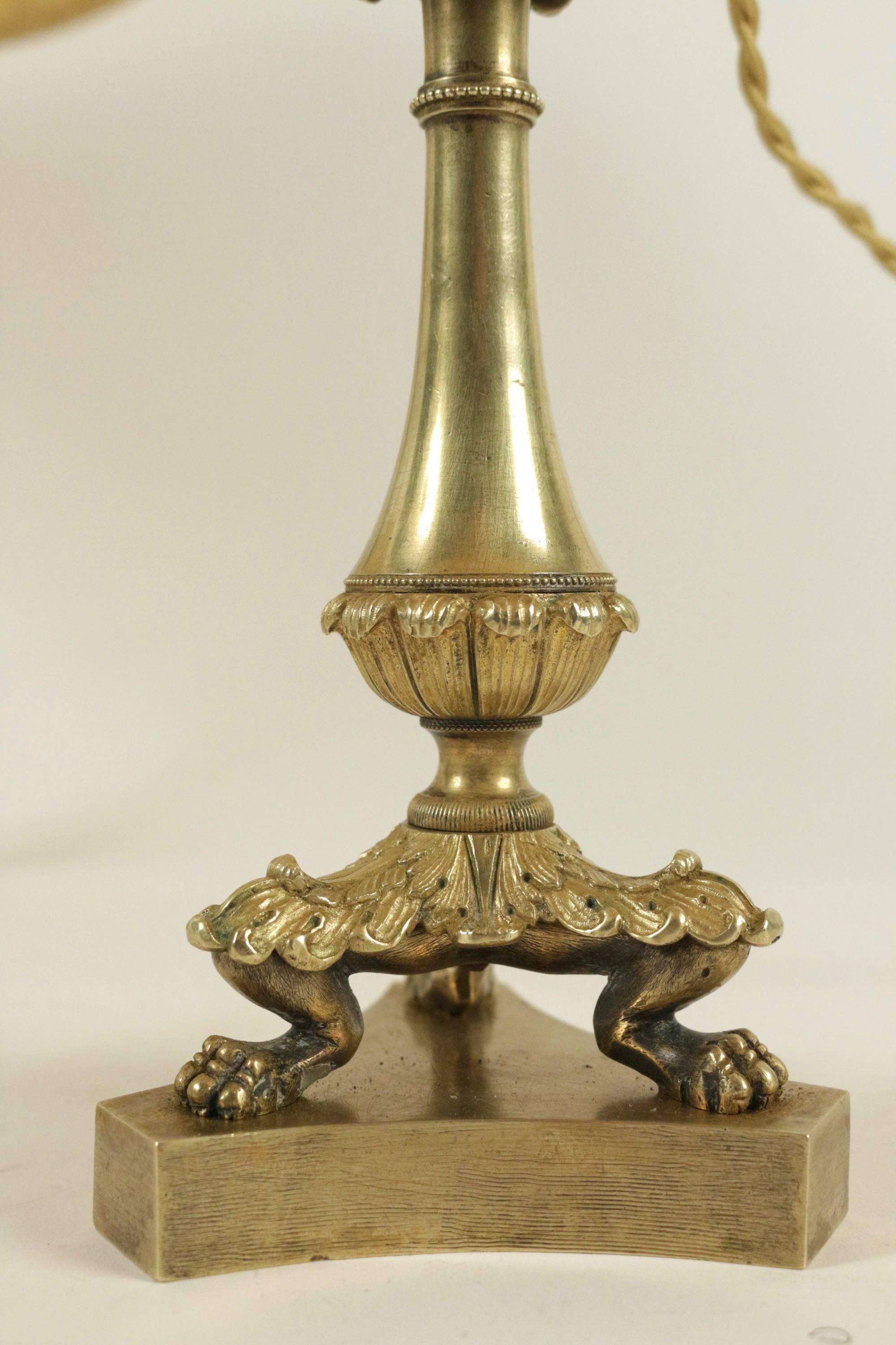 Pair of French Restauration Period Gilt-Bronze Candlestick Lamps, circa 1840 4