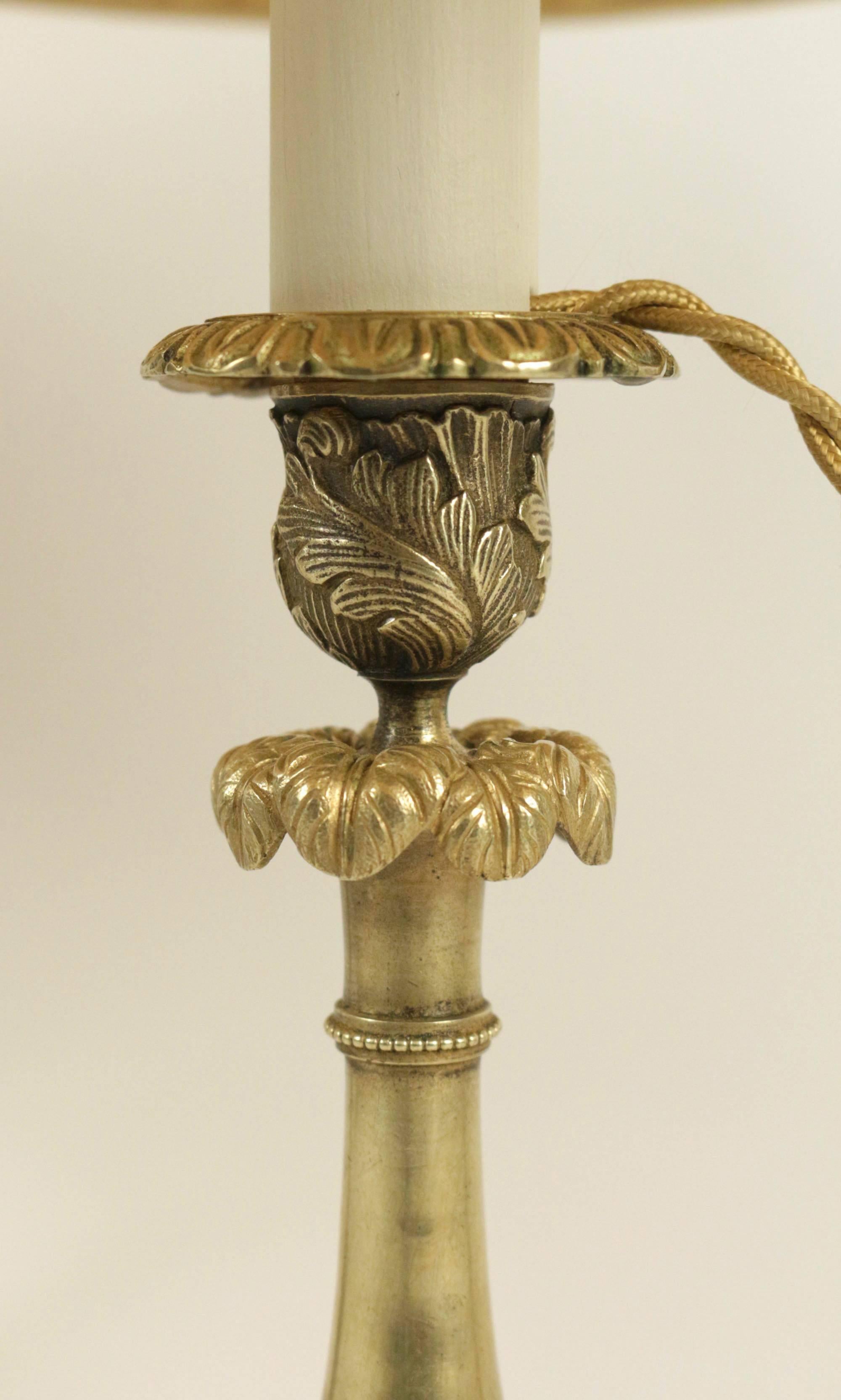 Pair of French Restauration Period Gilt-Bronze Candlestick Lamps, circa 1840 2