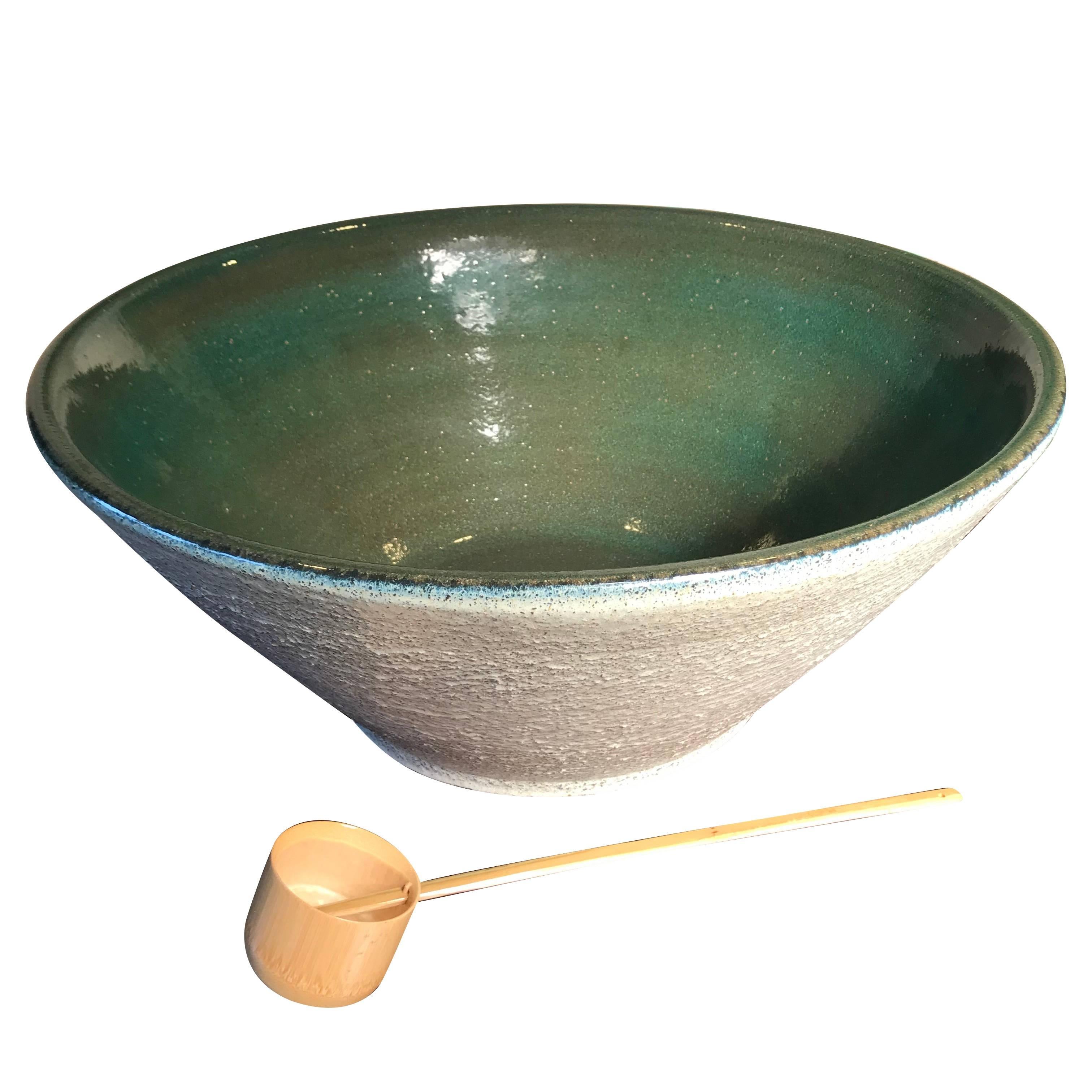 Japan Big Hand Thrown & Glazed Green Stoneware Bowl, 24"