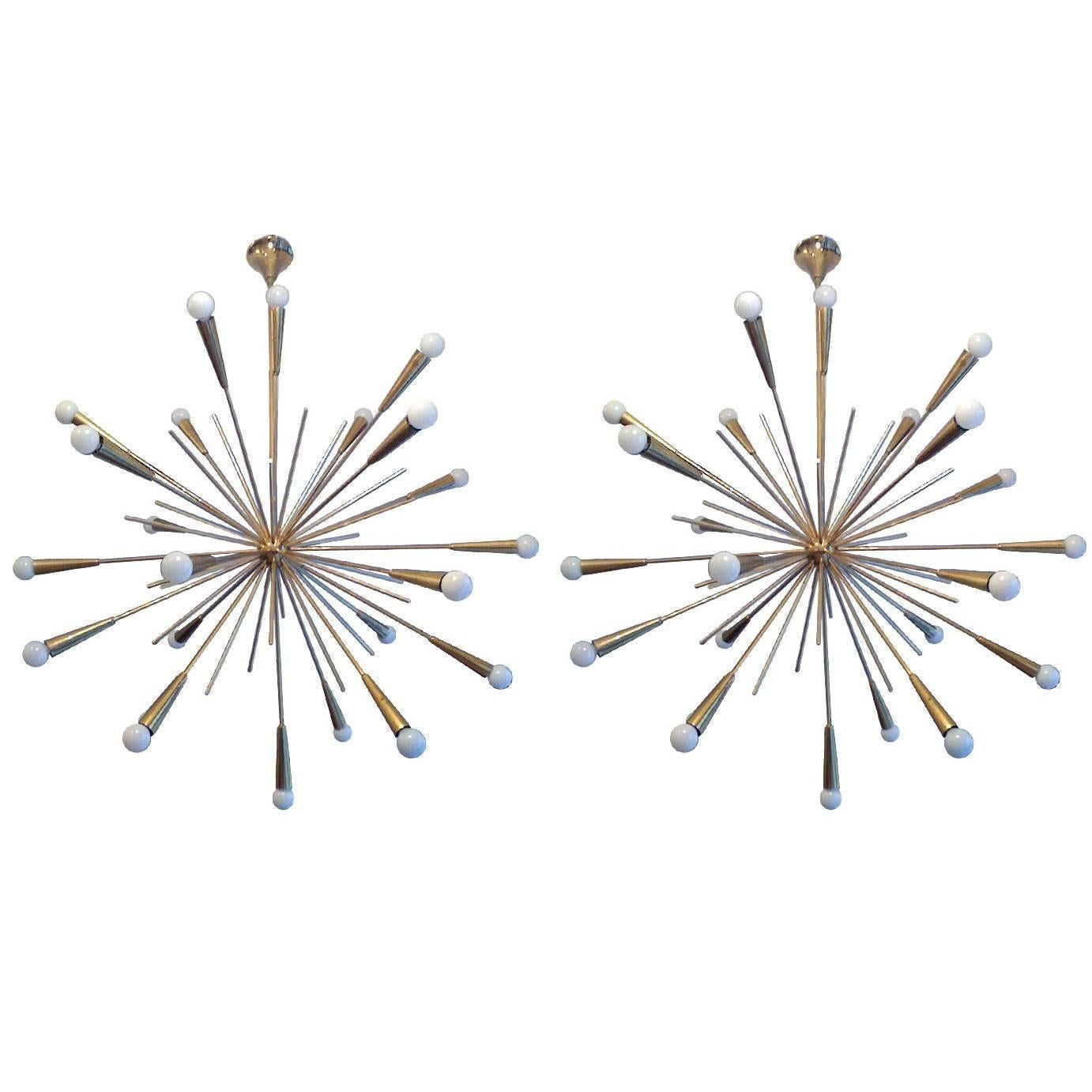 Pair of Large 1960s  Italian Mid Century Brass Starburst Sputnik Chandeliers