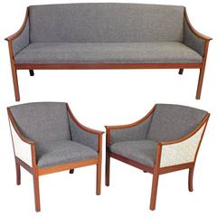 Ole Wanscher for Poul Jeppesen Mahogany Sofa and Pair of Lounge Chairs, 1950s