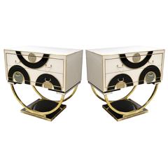 Italian Modern Pair of Geometric Black White and Brass Chests / Nightstands 12