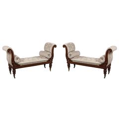 Pair of English Carved Oak and Pale Latte Upholstered Window Seats