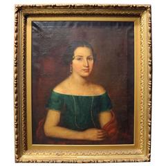 Antique Oil on Canvas Portrait Painting of Young Woman in Gilt Frame, circa 1840