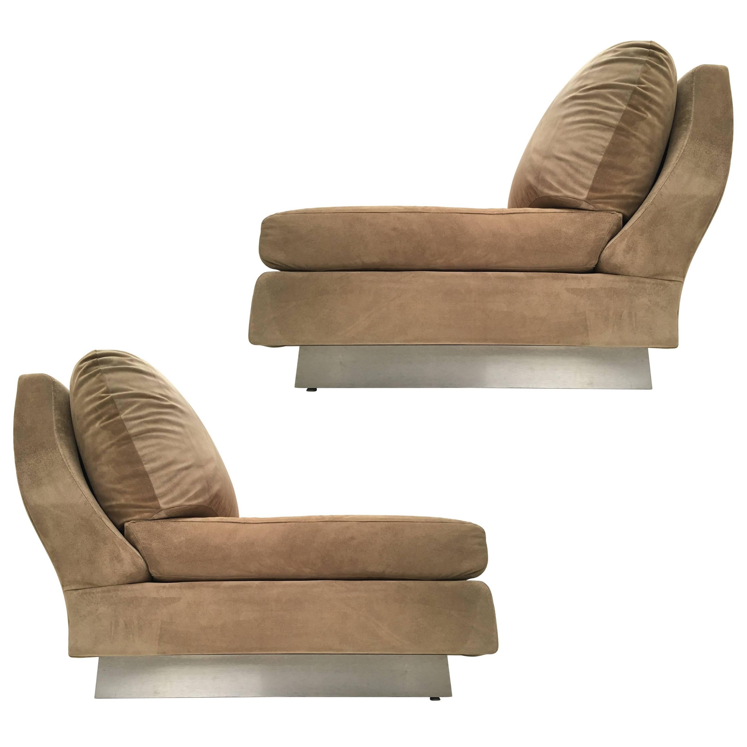 Superb Pair of Suede Willy Rizzo Lounge Chairs, Signed Studio Willy Rizzo, 1969 For Sale