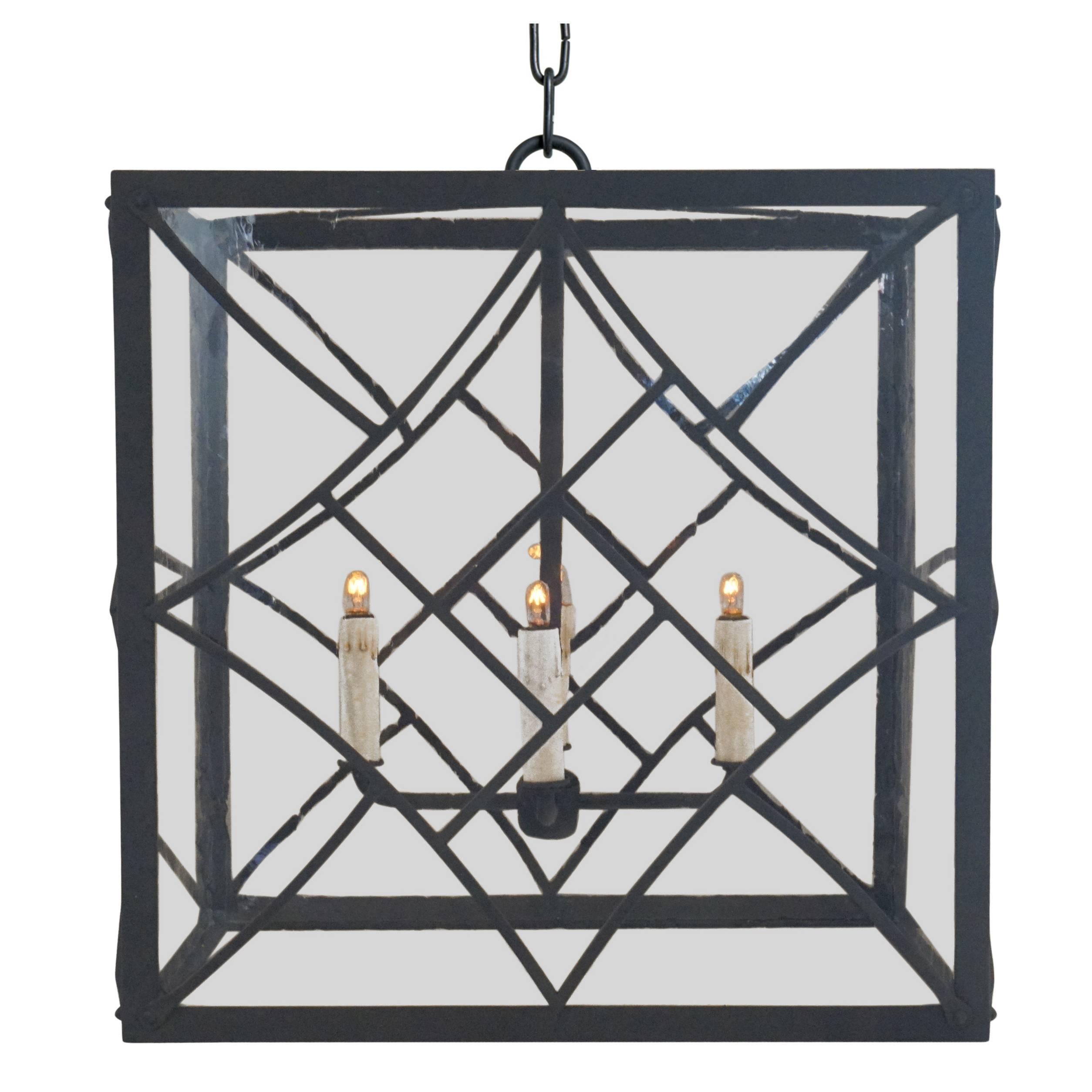 Mid-Century Modern Pendant, Wrought Iron with Antique Style Glass For Sale