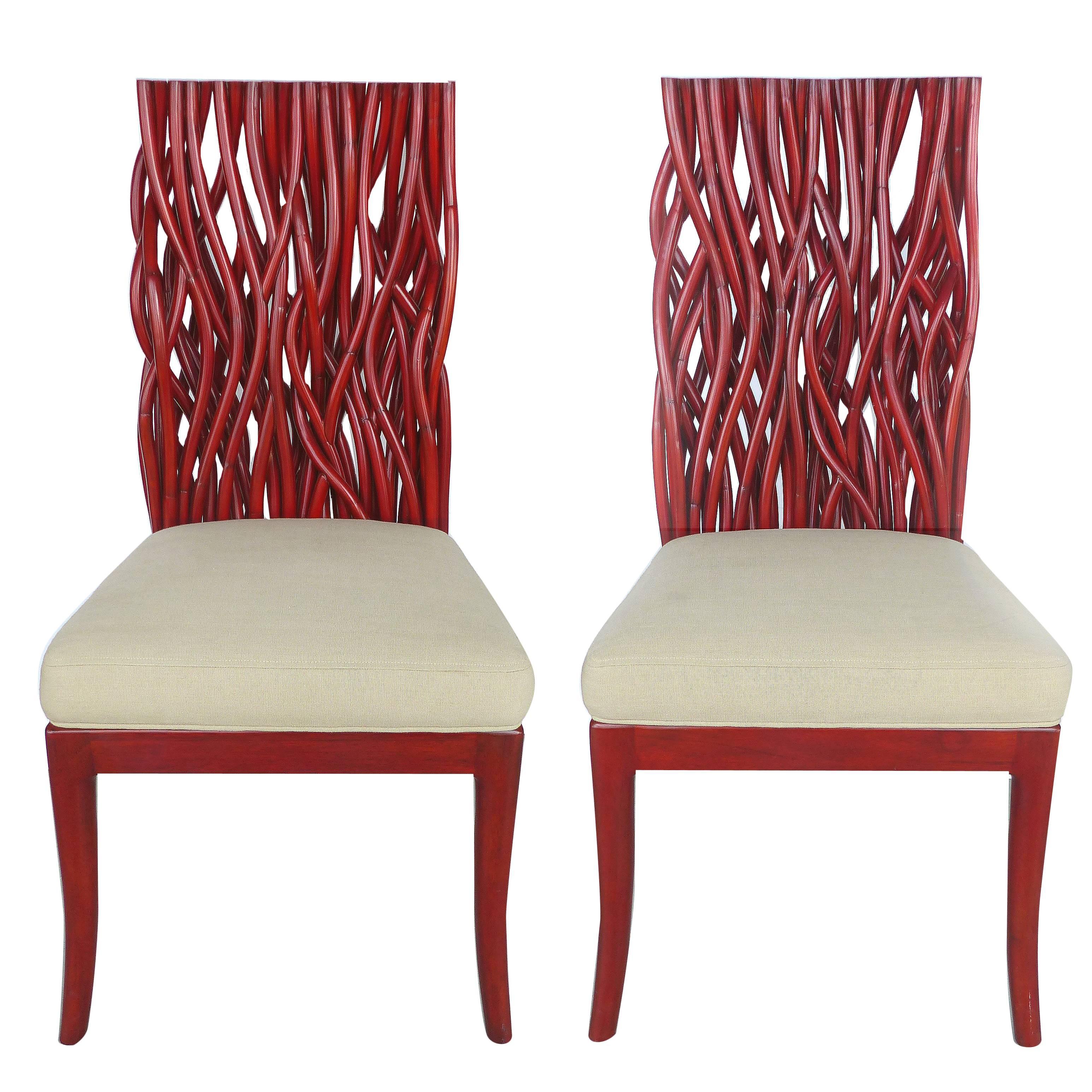 20th Century Red Bent Rattan and Mahogany Chairs, Pair