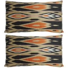 Pair of Vintage Orange and Black Silk Ikat Bolsters Decorative Pillows