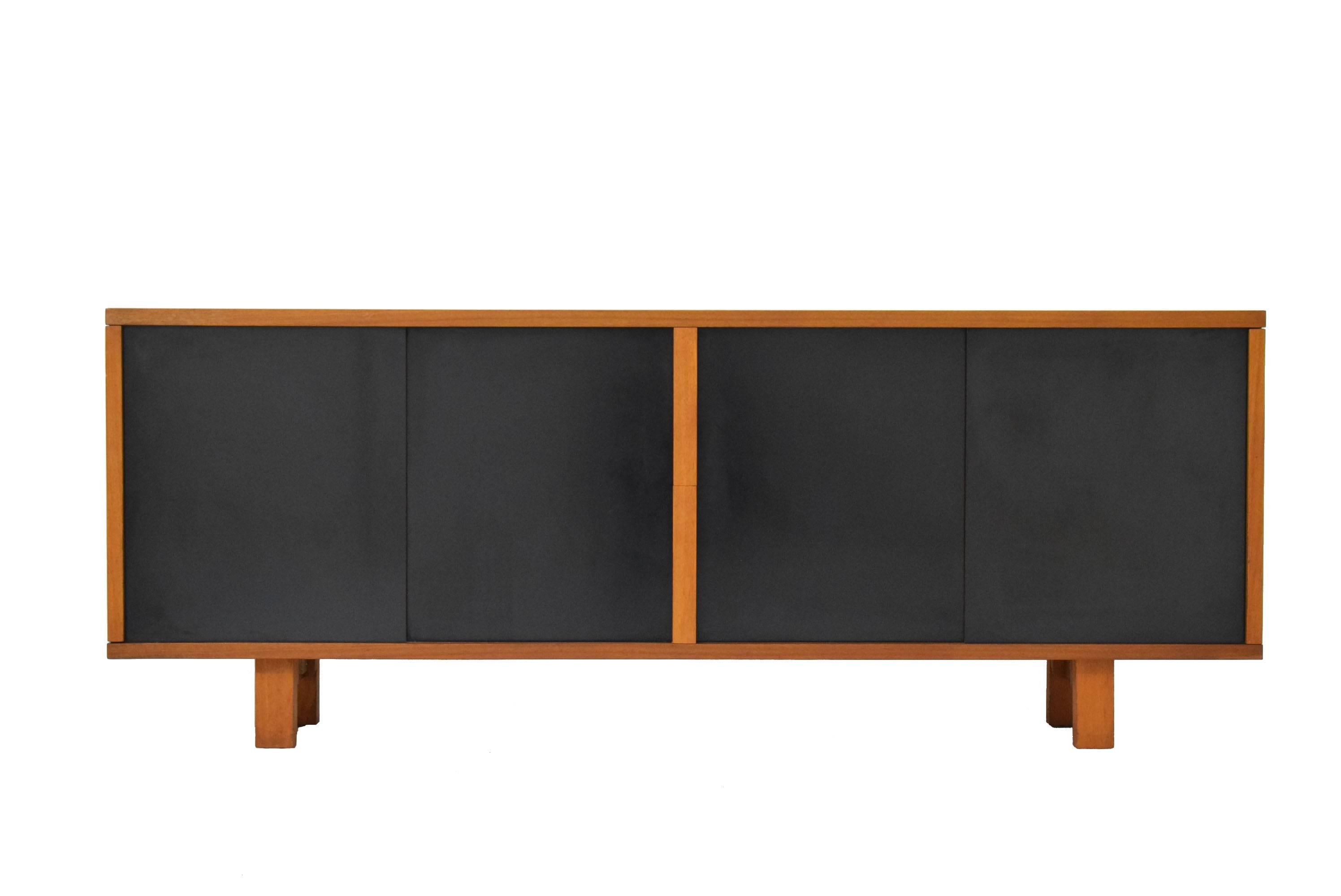 European Rare Midcentury Sapele and Black Sliding Door Sideboard For Sale