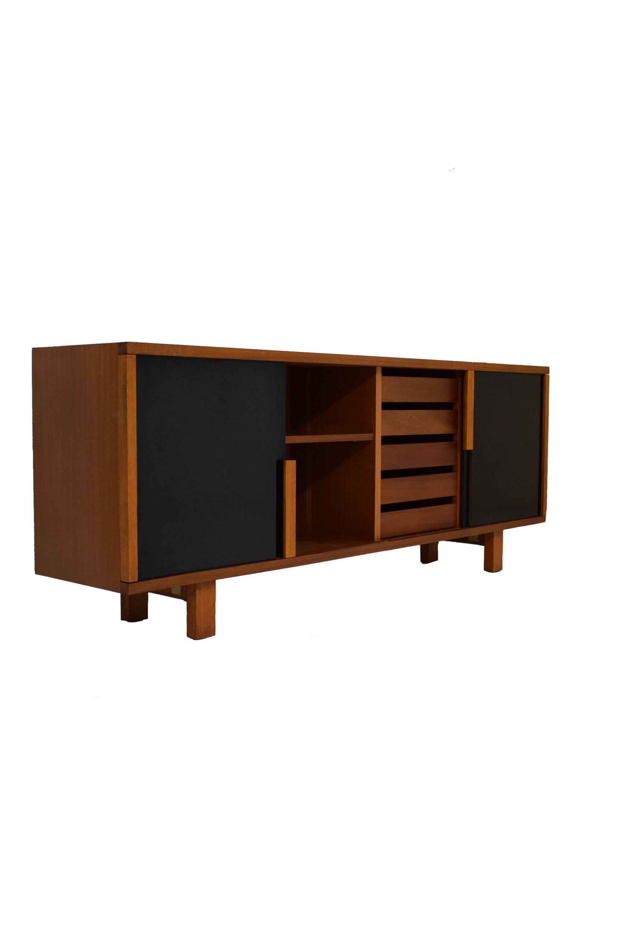 Rare Midcentury Sapele and Black Sliding Door Sideboard For Sale 1