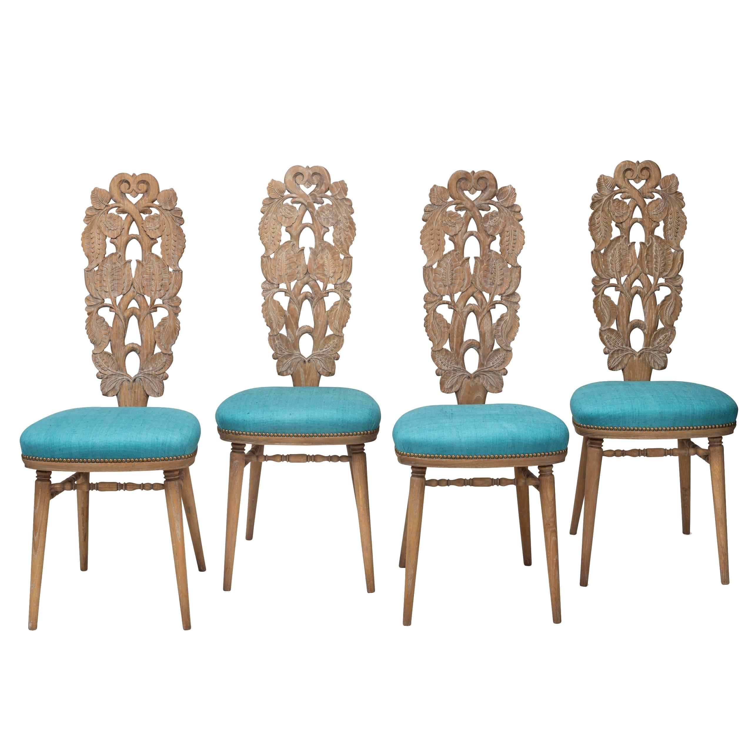 Giovanni Gariboldi, Attributed, Rare Set of Italian Carved & Cerused Oak Chairs For Sale