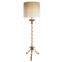 Hollywood Regency Gilt Metal Floor Lamp on Scroll Tripod Base