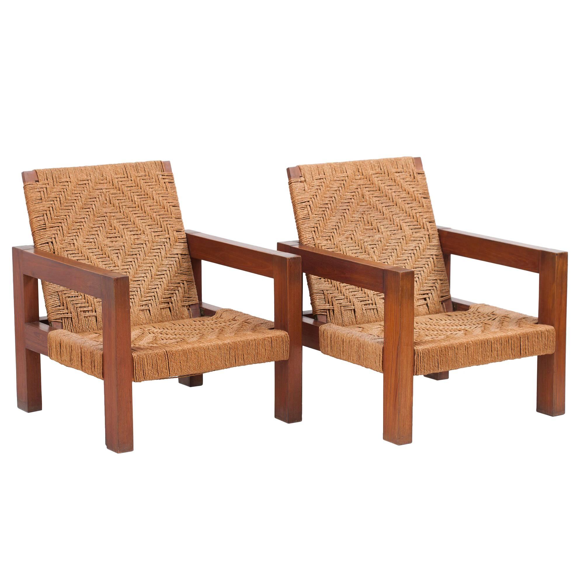 Pair of Indian Modernist Teak and Jute Lounge Chairs