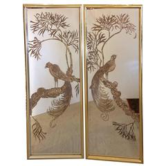 Glitzy Pair of Églomisé Brass Framed Etched Mirror Panels