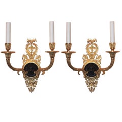 Wonderful French Empire Gilt Patina Bronze Lions Head Neoclassical Sconces, Pair