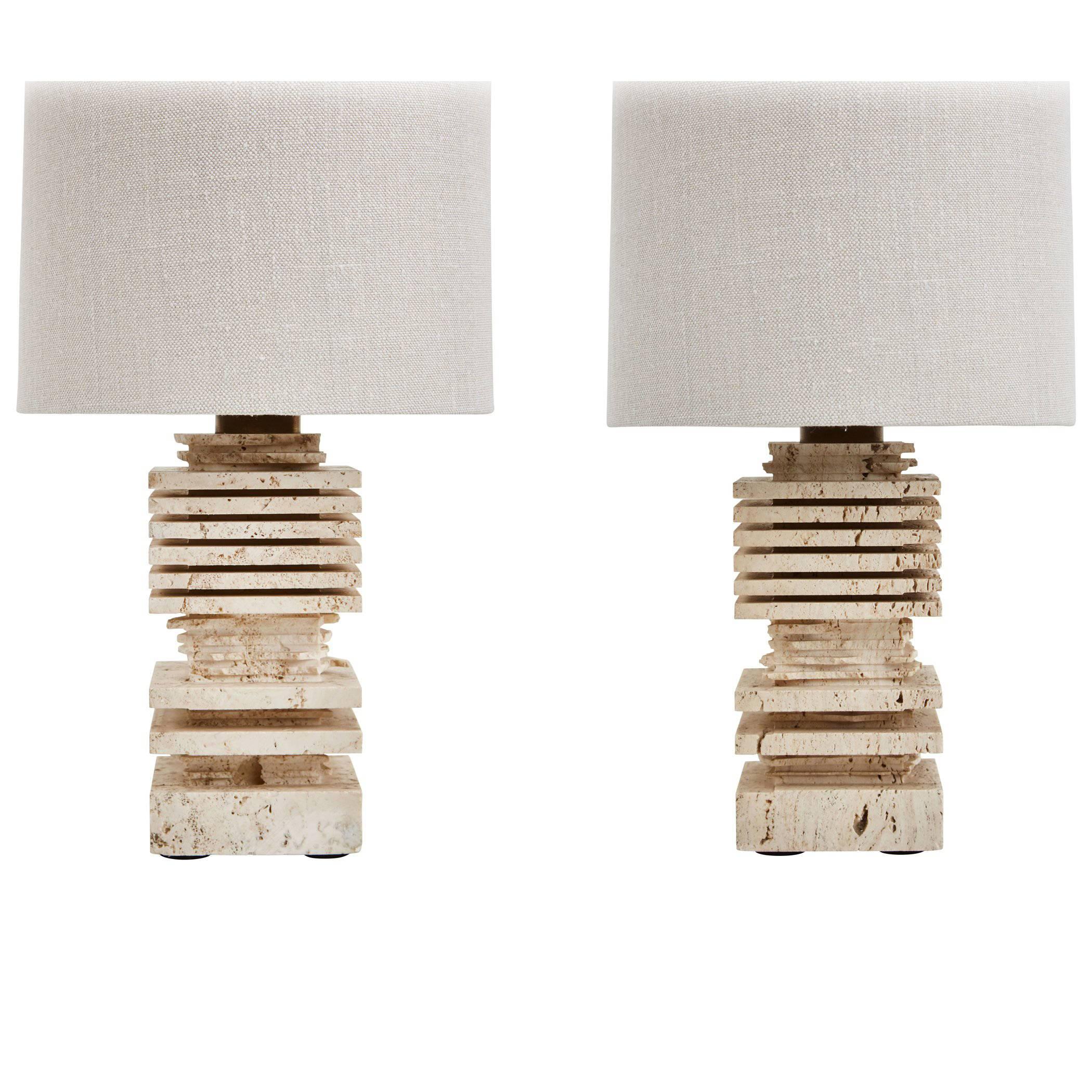 Pair of Carved Italian Travertine Table Lamps