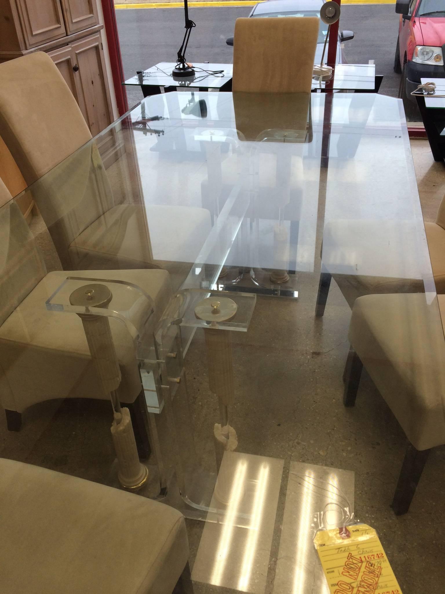 Significant Lucite and Glass Top Table with Marble Column and Brass Accents For Sale 3