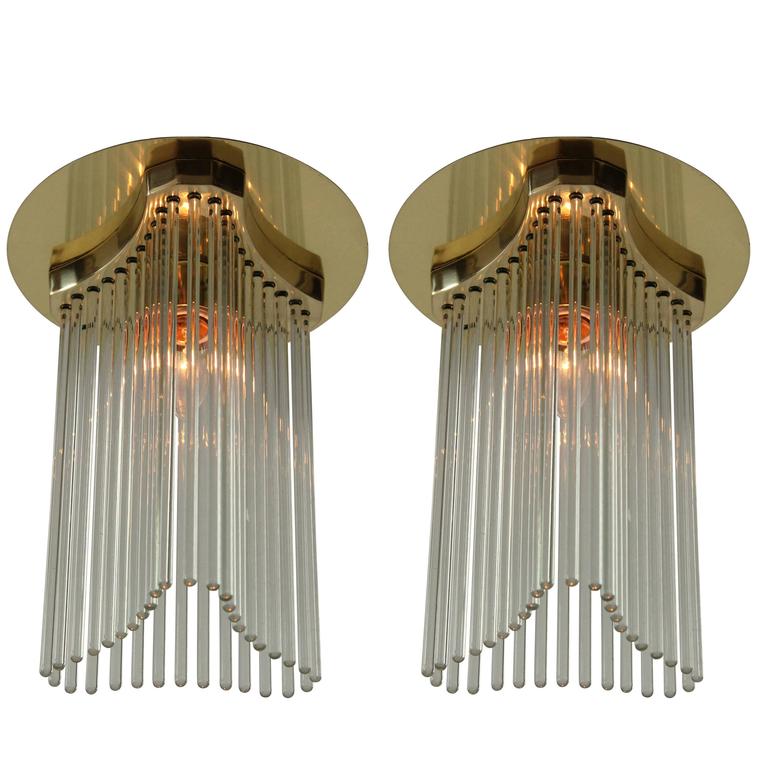 3 Sciolari Glass Rod and Brass One Light Bulb Flush Mount, Italia