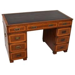 Antique Campaign Style Mahogany and Leather Pedestal Desk