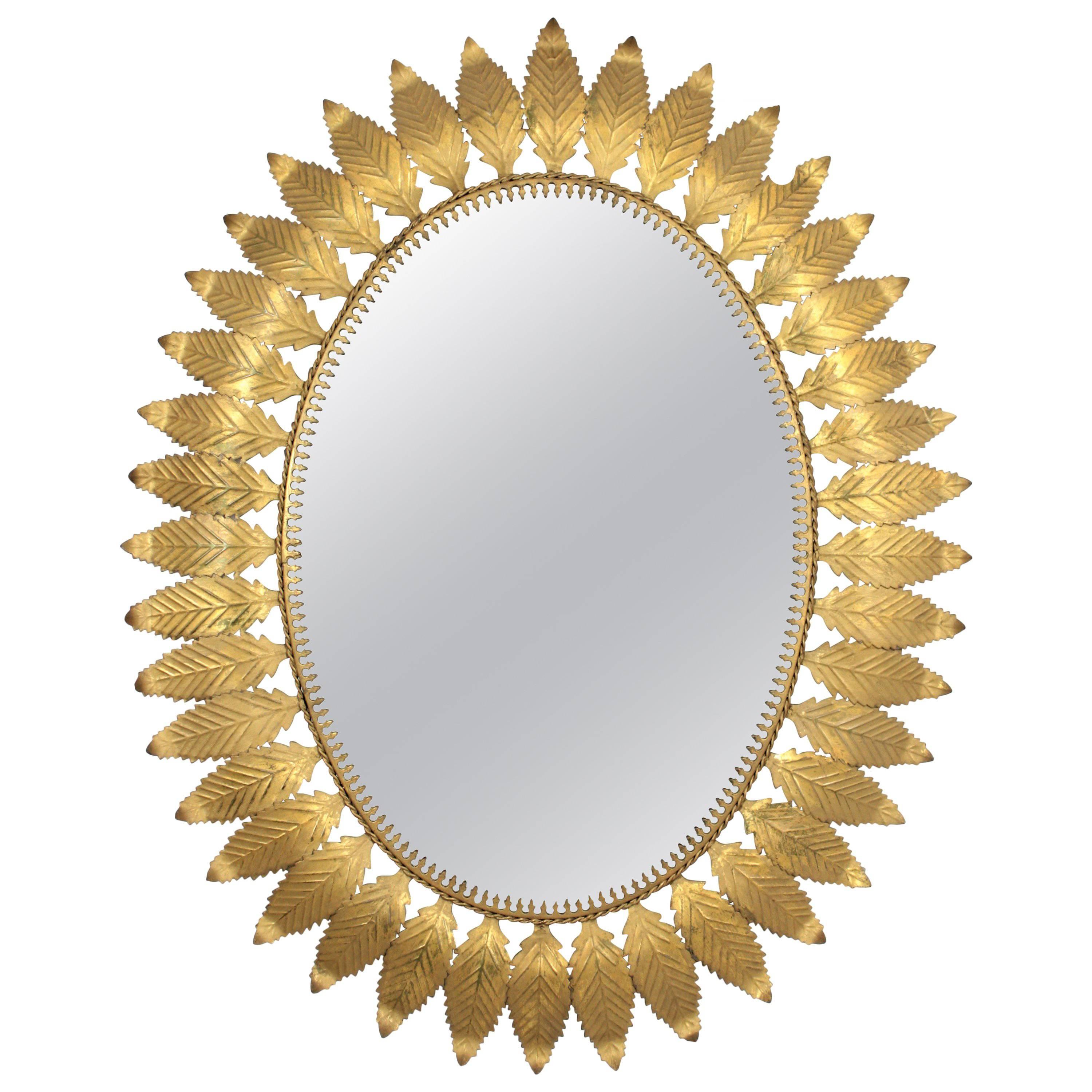 Huge Oval Spanish Gilt Iron Leafed Sunburst Mirror