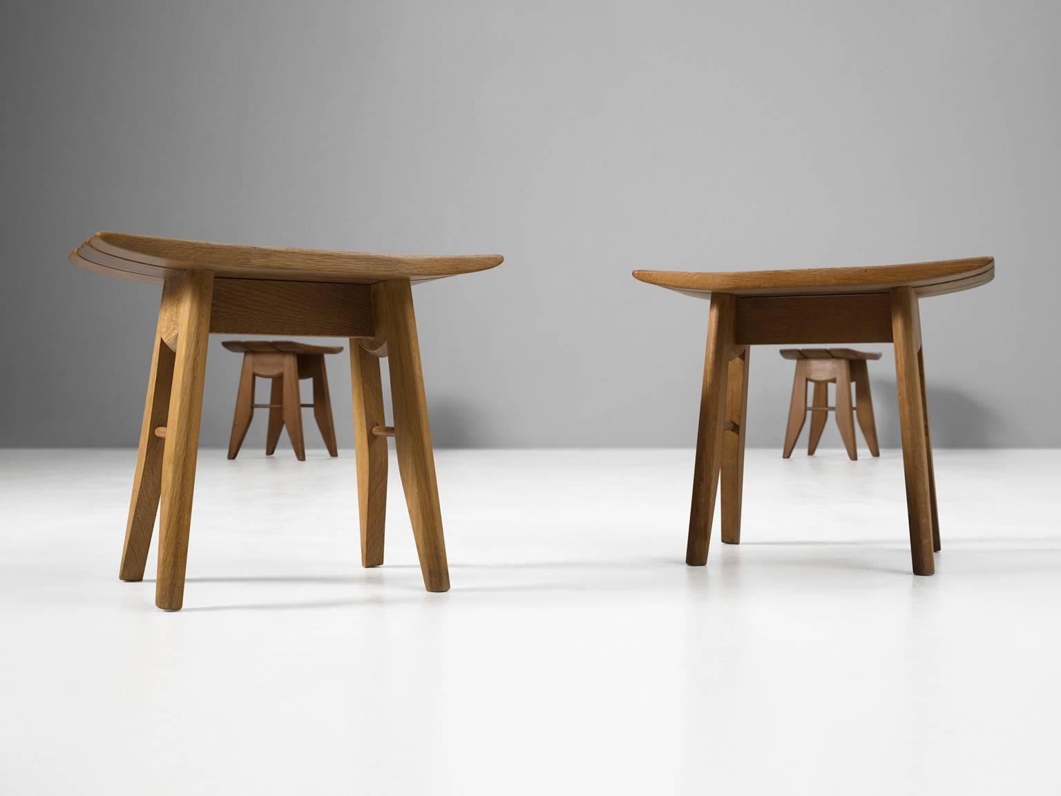 French Guillerme et Chambron Set of Four Stools in Solid Oak
