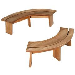 Pierre Chapo Set of Two Curved Benches in Solid Elm