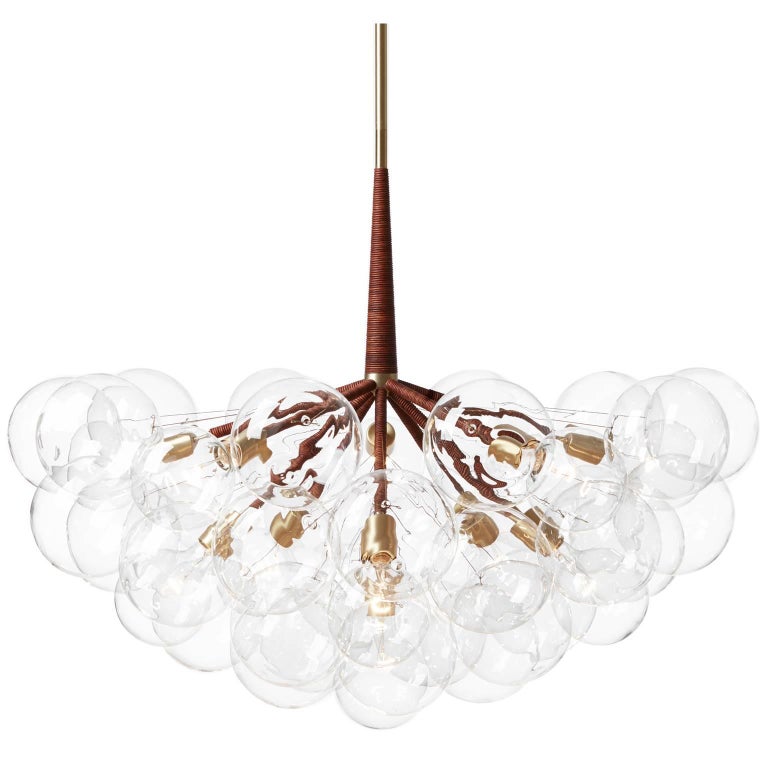 Supra Bubble Chandelier in Dark Brown Leather and Satin Brass by PELLE For Sale