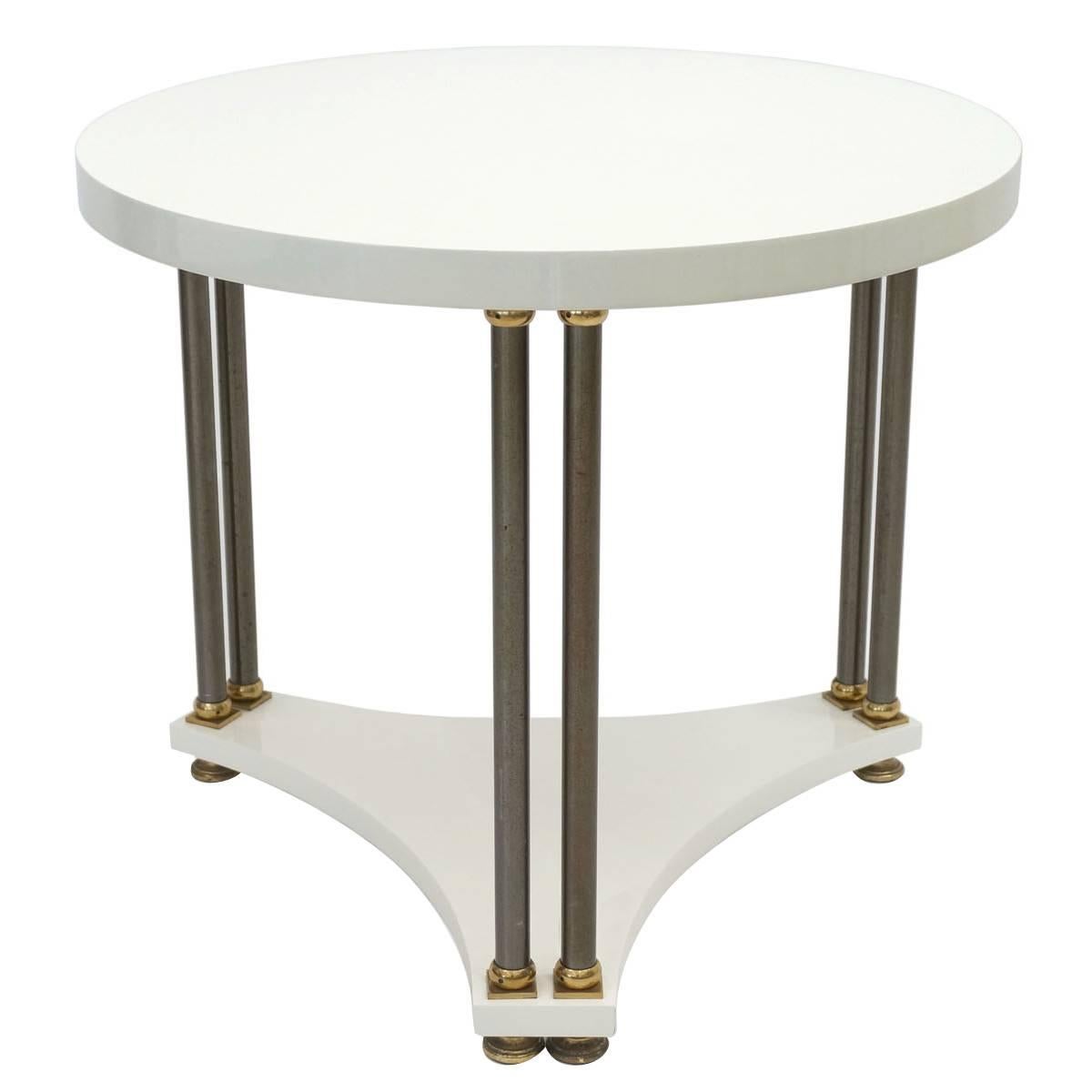 Round 1940s White Lacquer Side Table with Brass Legs, in the Manner of Jansen
