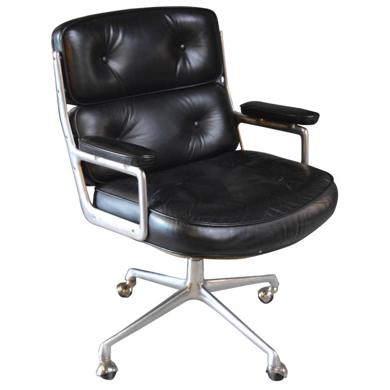 Set Of 6 Vintage Black Leather Eames Time Life Swivel Chairs