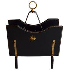 Jacques Adnet Leather and Brass Magazine Rack