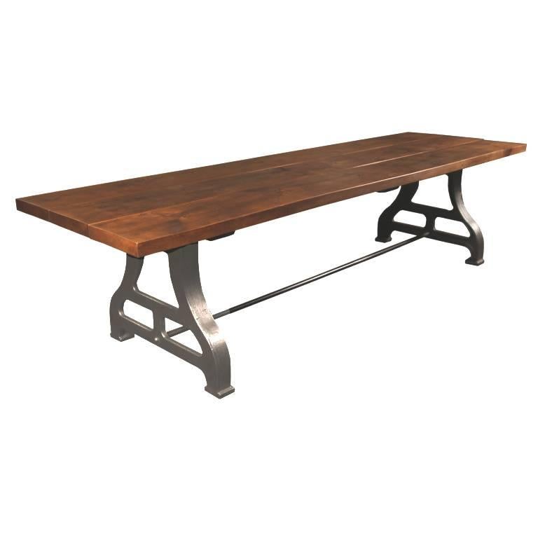 Industrial Plank Top Dining Table - Rough Sawn Pine Wood & Cast Iron Legs 