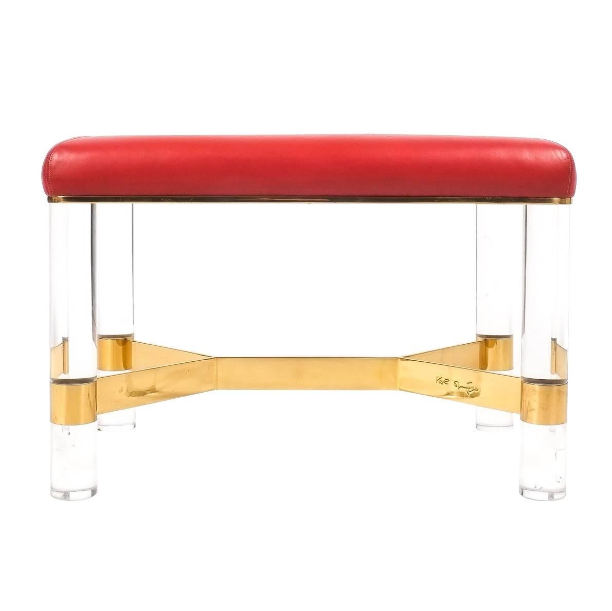 Karl Springer Bench in Leather, Brass and Lucite, USA, 1970