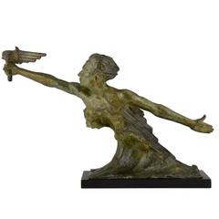 French Art Deco Bronze Sculpture of a Man with Torch by Frederic Focht