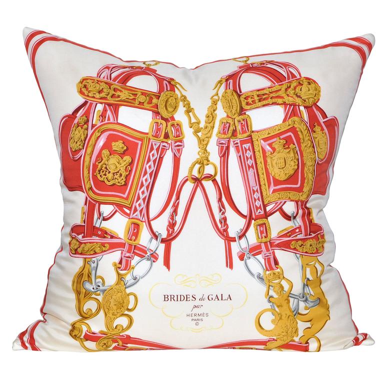 Large Vintage Hermes Red Equestrian Silk Scarf and Irish Linen Cushion Pillow For Sale at 1stdibs