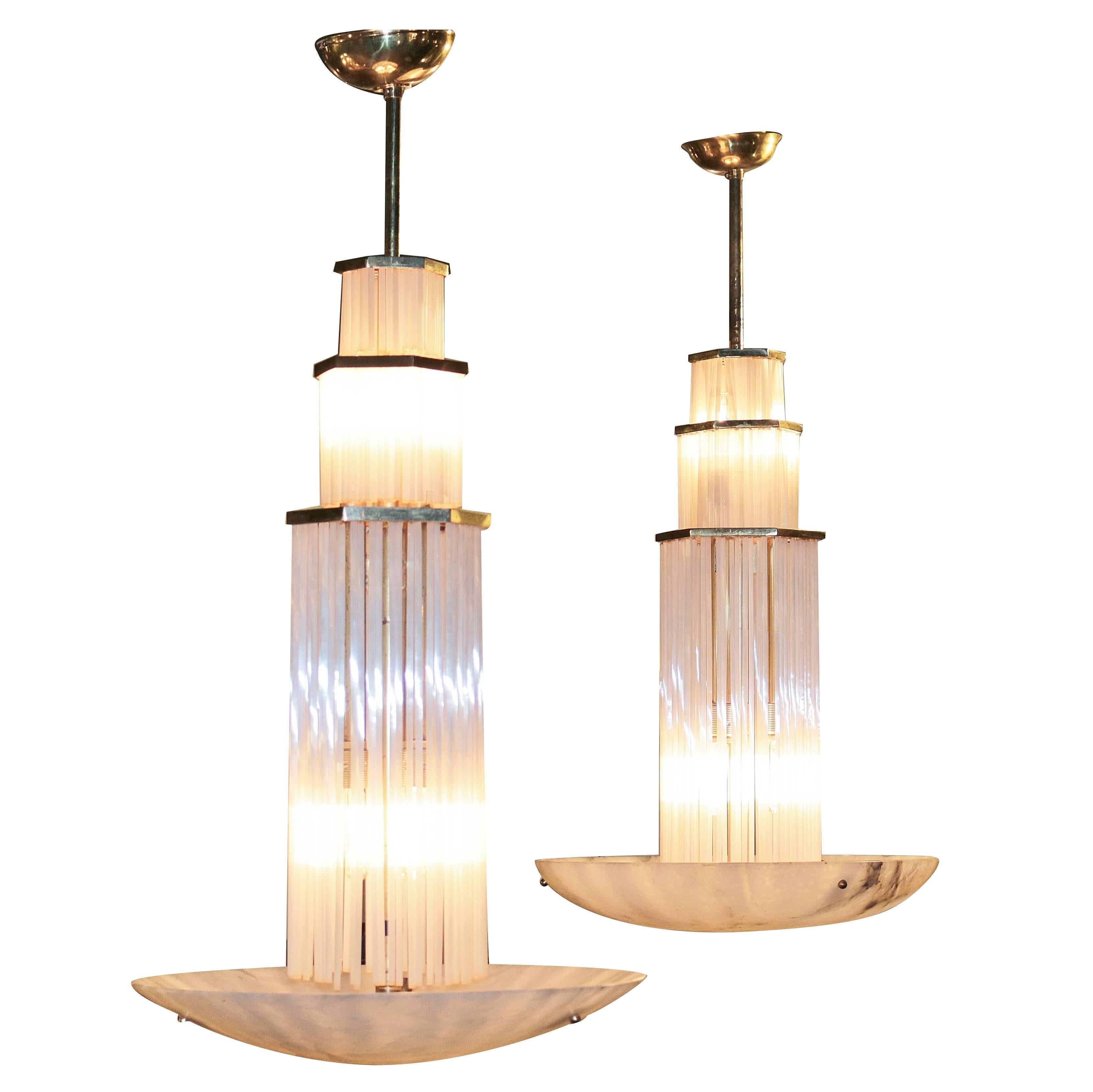 Pair of Italian Art Deco Style Alabaster Three-Tier Rod Glass Chandeliers