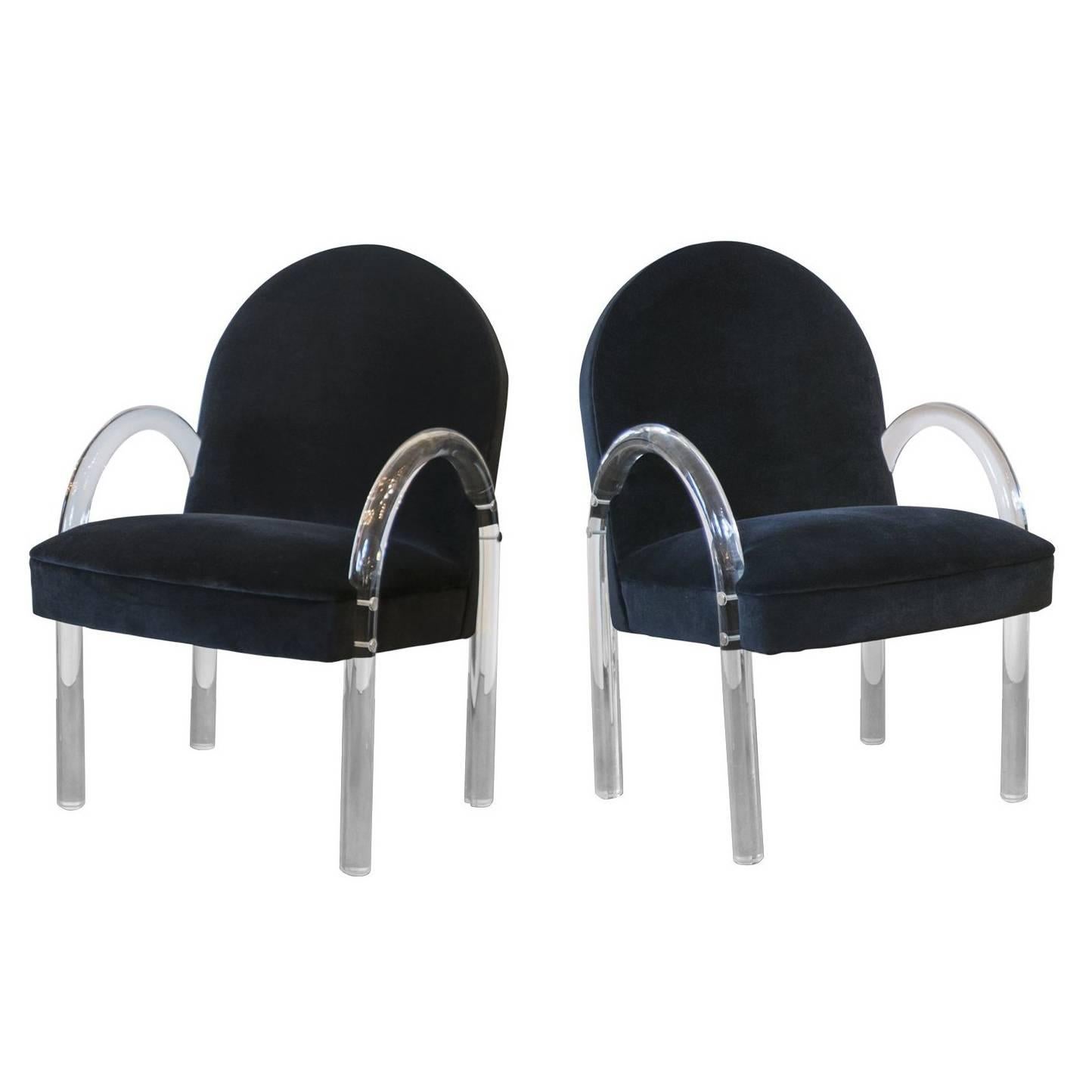 Pair of Pace Lucite Arm/Dining Chairs in Black Velvet