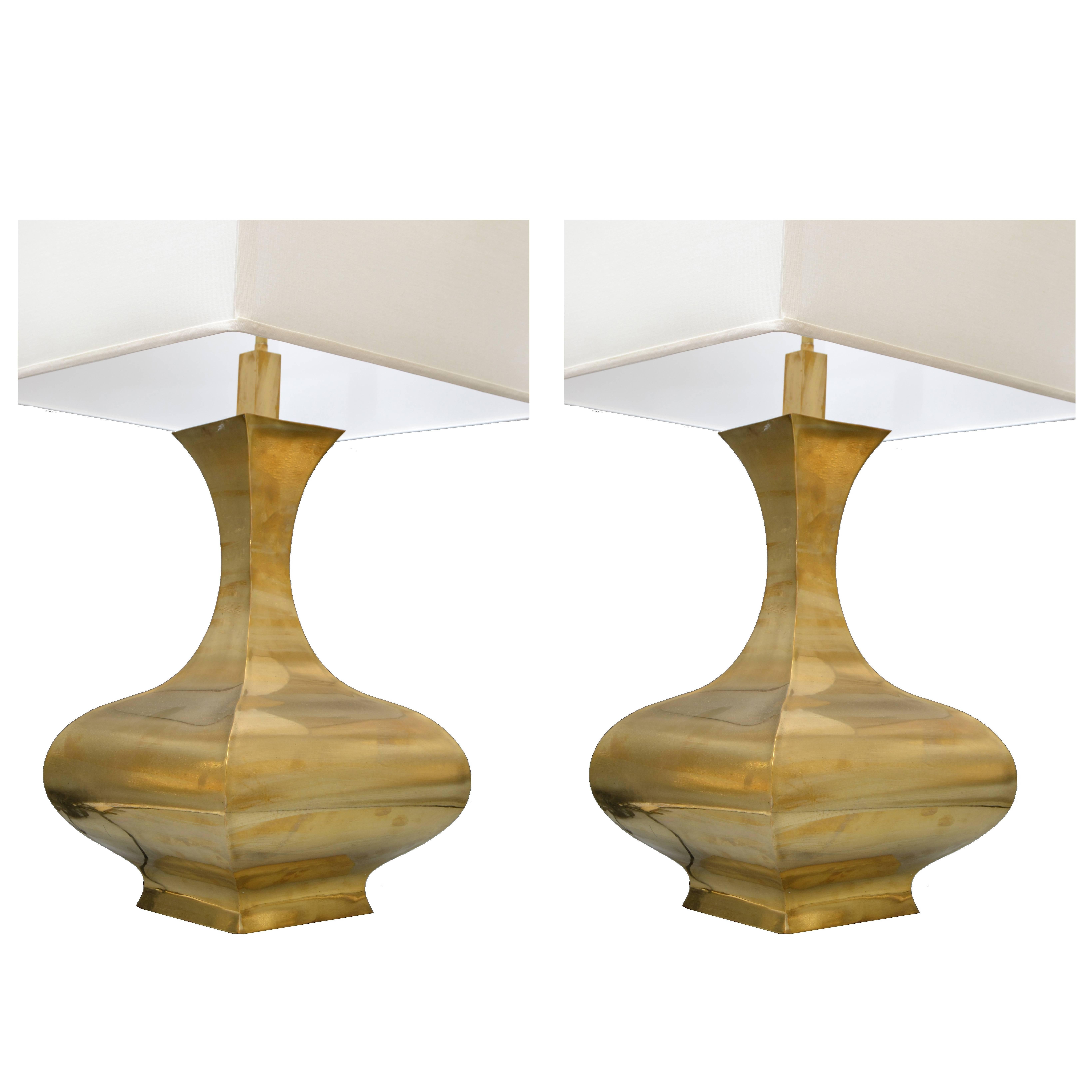 Pair, Tall Solid Brass Vessel Shape Table Lamps Shades Mid-Century Modern 1960s