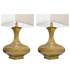 Used Pair, Tall Solid Brass Vessel Shape Table Lamps Shades Mid-Century Modern 1960s