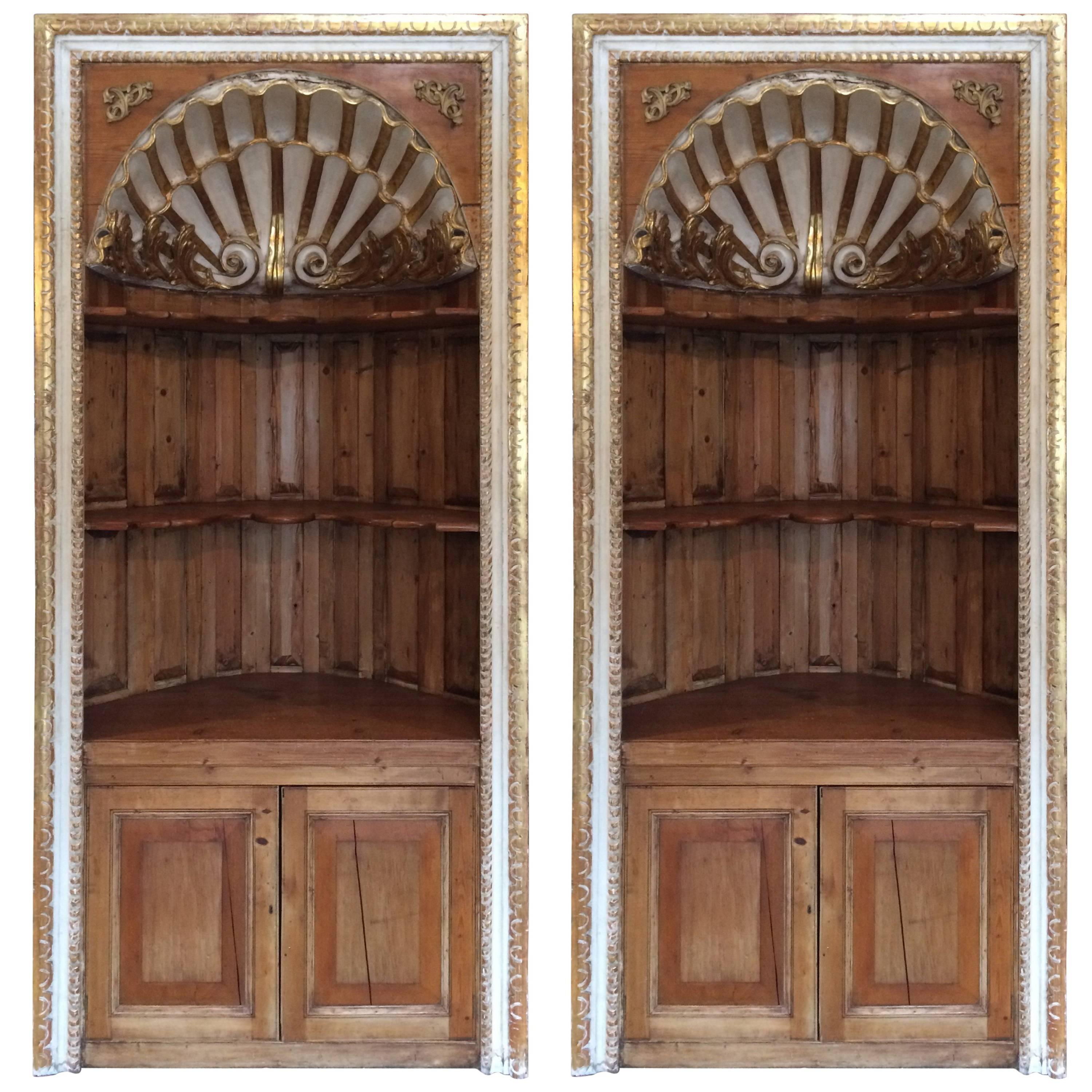 Pair of Magnificent Antique Scallop Shell Curved Book Shelf Cabinets