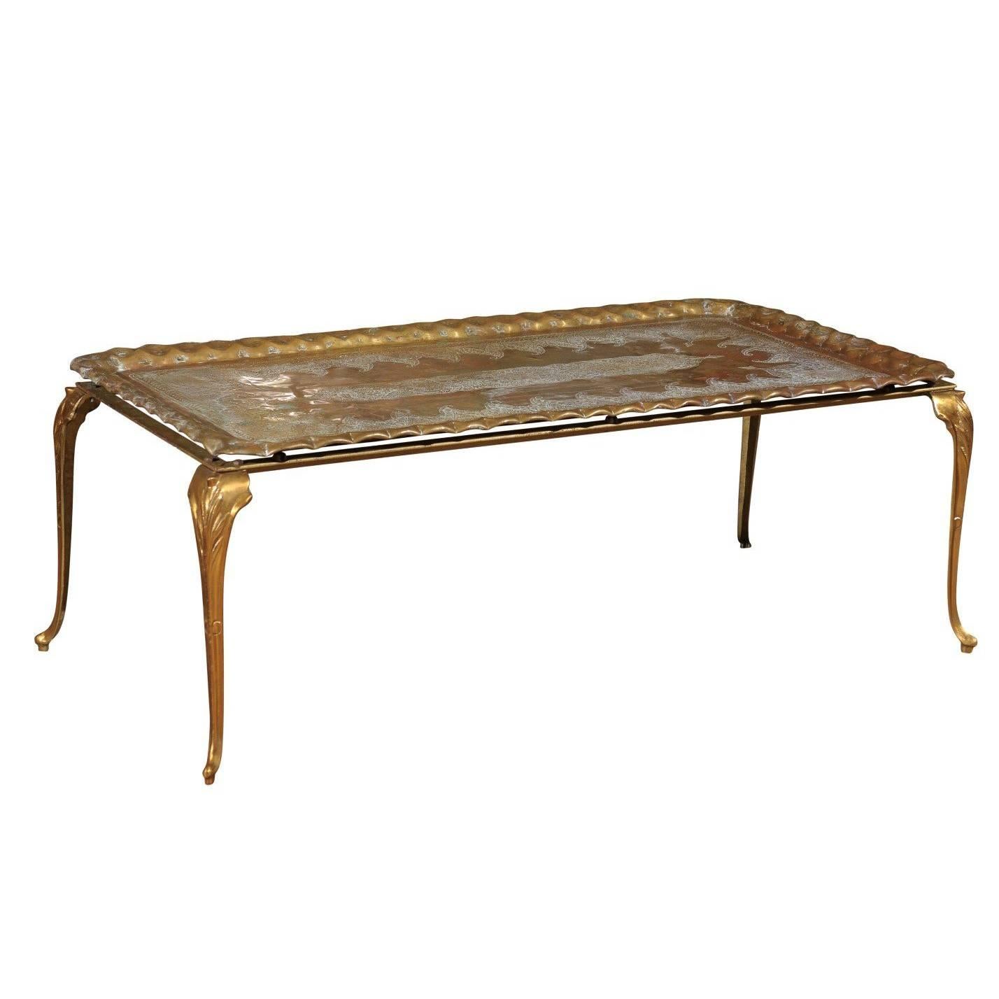 Vintage Etched and Hammered Brass Tray Table