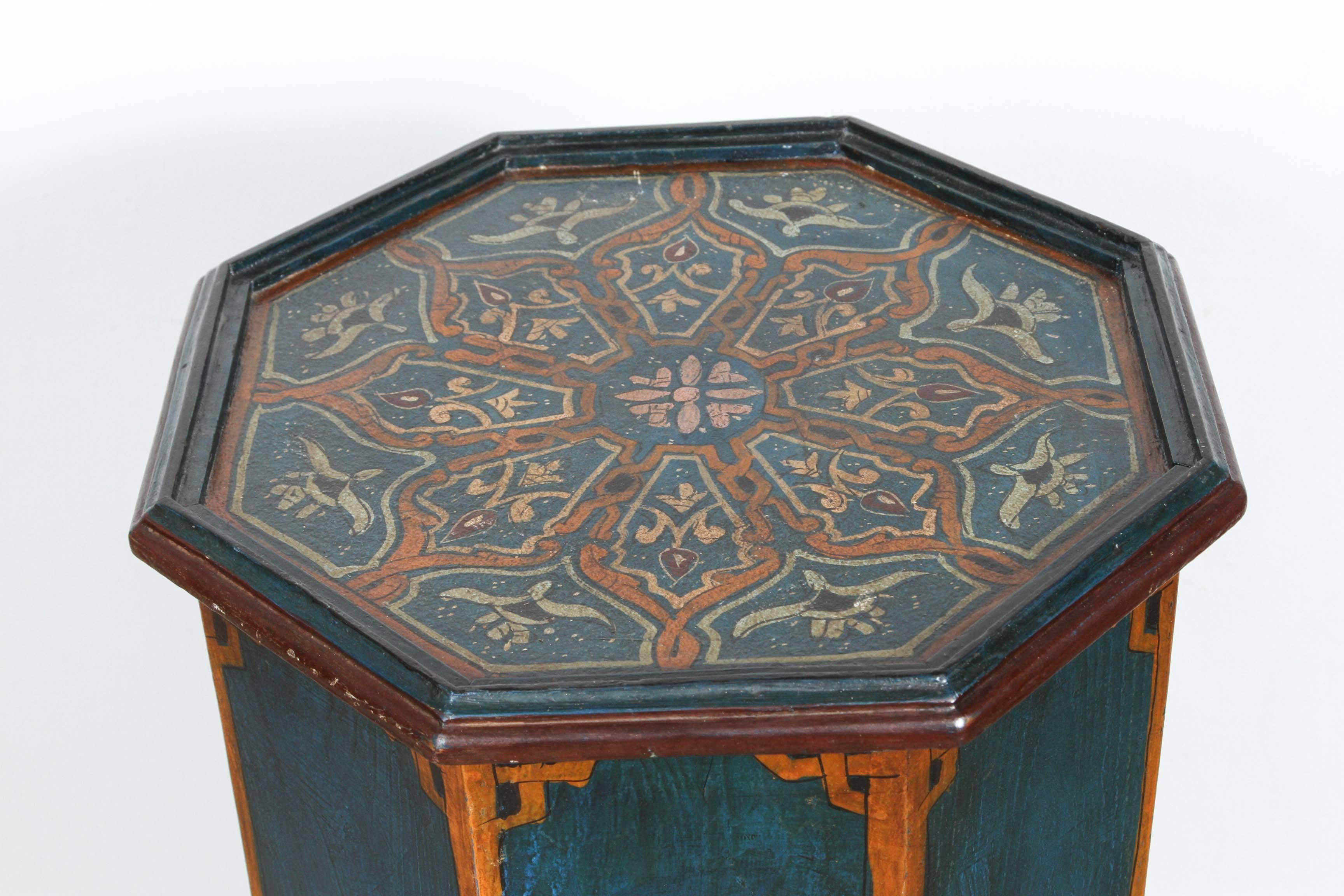 Moroccan vintage pedestal blue table, hand-painted on a blue background with floral and geometric designs in brown and ivory colors.
Moorish arches on the base of these octagonal shape tables.
Handcrafted by skilled artisans in Morocco.
Please