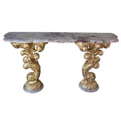 Hand-Carved Wood and Marble Console