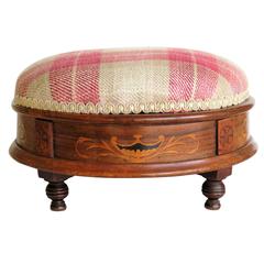 Early Victorian Foot stool Walnut Marquetry Inlay Re-upholstered, Ca. 1845