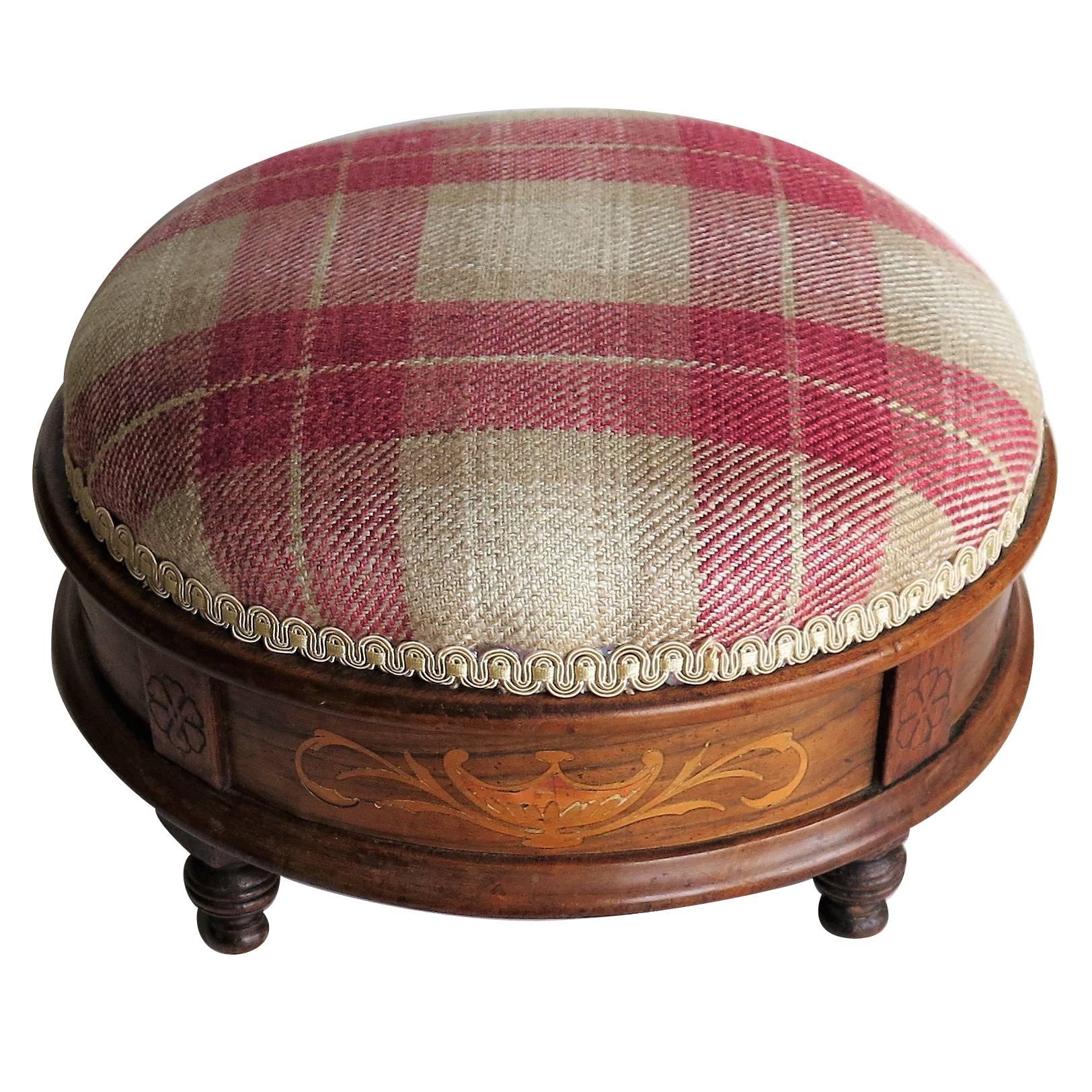 Early Victorian Foot stool Walnut Marquetry Inlay Re-upholstered, Ca. 1845