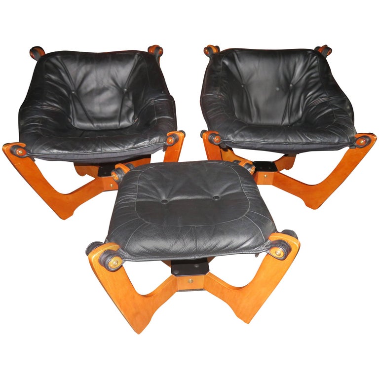 Pair of Luna Black Leather Sling Chairs with Ottoman Odd Knutsen Norway at 1stDibs luna sling