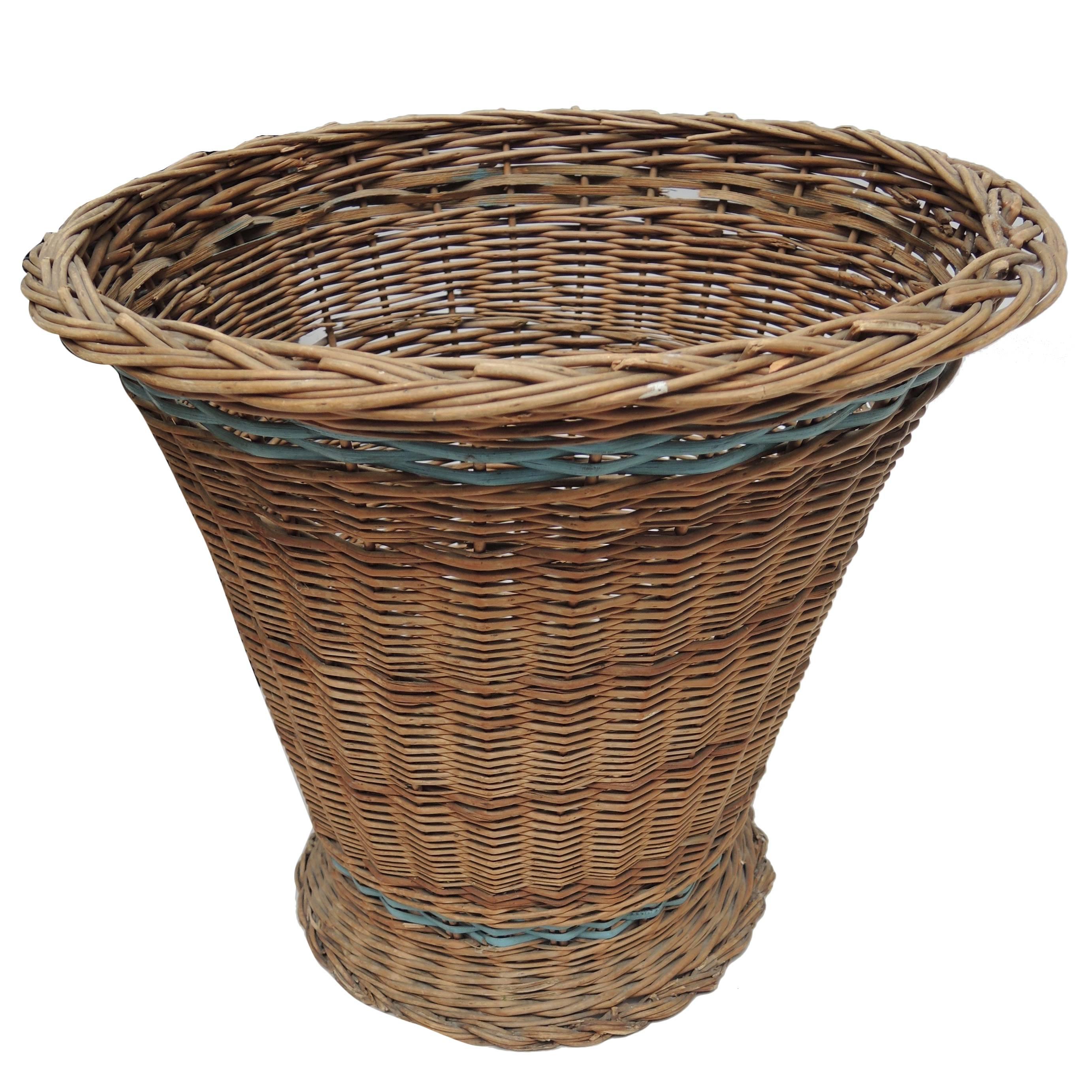 Vintage French Woven Wicker Trash Can with Blue Stripe