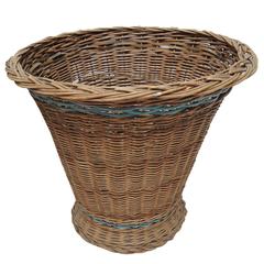 Antique French Woven Wicker Trash Can with Blue Stripe