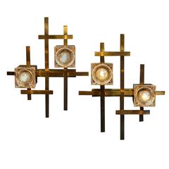 Pair of 1970s Italian Sciolari Wall Sconces in Brass and Glass